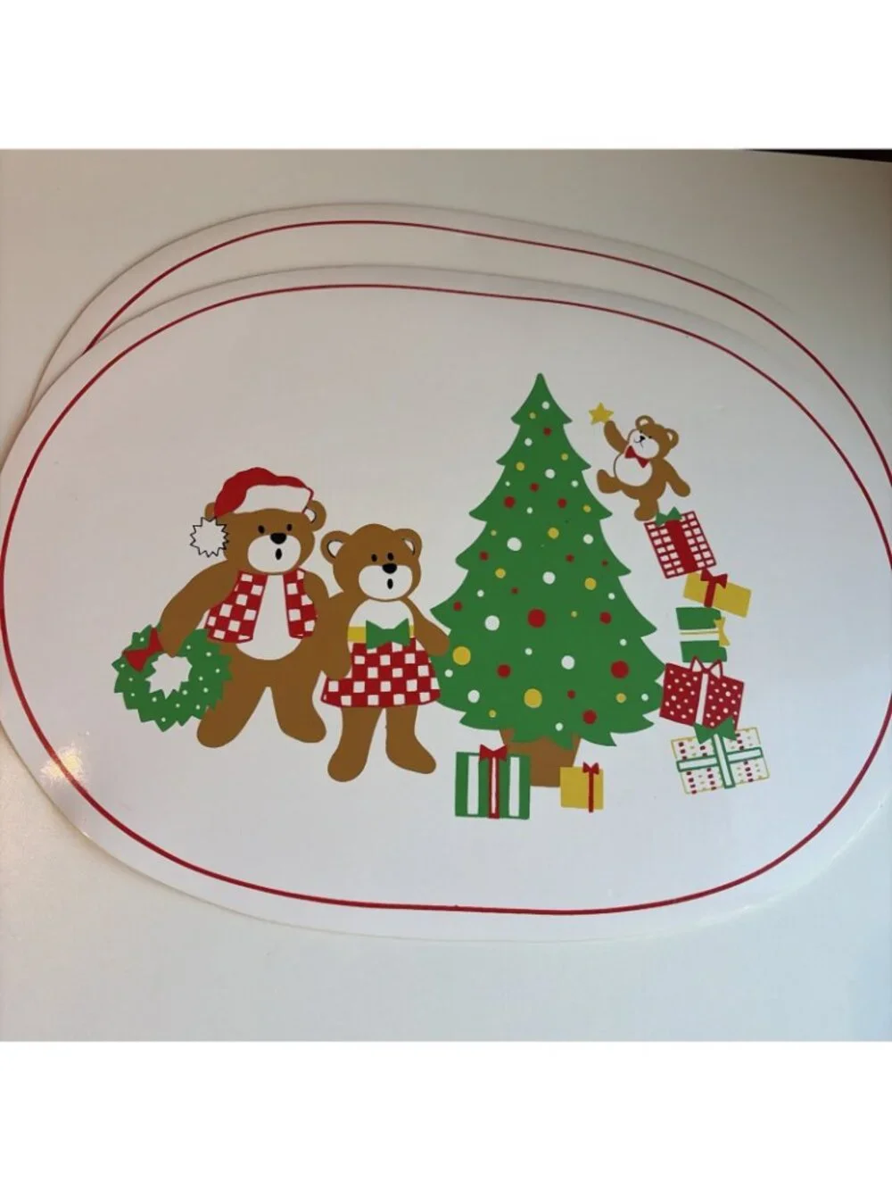 VTG Christmas Teddy Bear Placemat Set of 6 Vinyl Holiday Kitschy 80s 90s Retro